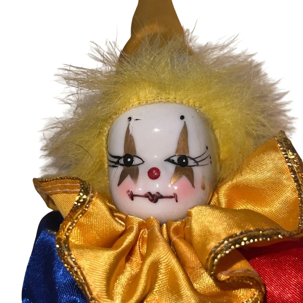 Vintage Artmark Chicago Ltd Porcelain Clown Doll Blue Red Satin Harlequin Decor